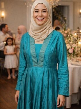 fabindia Teal Long Sleeve Satin Dress with Beige Hijab